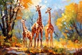 Beautiful painting of a family of giraffes resting under the trees in the forest. Wildlife Animals. Illustration, Generative AI Royalty Free Stock Photo