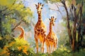 Beautiful painting of a family of giraffes resting under the trees in the forest. Wildlife Animals. Illustration, Generative AI Royalty Free Stock Photo