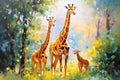 Beautiful painting of a family of giraffes resting under the trees in the forest. Wildlife Animals. Illustration, Generative AI Royalty Free Stock Photo