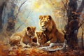 Beautiful painting of a family of lions resting under the trees in the forest. Wildlife Animals. Illustration, Generative AI