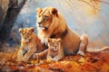 Beautiful painting of a family of lions resting under the trees in the forest. Wildlife Animals. Illustration, Generative AI