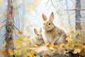 Beautiful painting of a family of rabbits resting under the trees in the forest. Wildlife Animals. Illustration, Generative AI