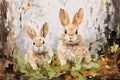 Beautiful painting of a family of rabbits resting under the trees in the forest. Wildlife Animals. Illustration, Generative AI