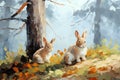 Beautiful painting of a family of rabbits resting under the trees in the forest. Wildlife Animals. Illustration, Generative AI