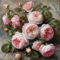 A painting of beautiful pink hybrid tea roses with green leaves Royalty Free Stock Photo
