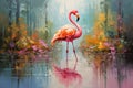 Beautiful painting of flamingo standing in the swamp in the forest. Bird, Wildlife Animals. Illustration, Generative AI