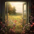 A beautiful painting of a flower field seen through an open window Royalty Free Stock Photo