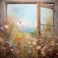 A beautiful painting of a flower field seen through an open window Royalty Free Stock Photo