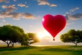 Beautiful painting of heart shaped hot air balloon against setting sun in serene nature setting, created with Generative AI