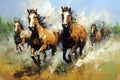 Beautiful painting of herd of horses is running in the middle of the meadow. Wildlife Animals. Illustration, Generative AI