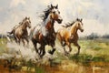 Beautiful painting of herd of horses is running in the middle of the meadow. Wildlife Animals. Illustration, Generative AI