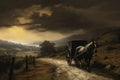 A beautiful painting of a horse drawn carriage on a dirt road, capturing the charm of a bygone era, Rural landscape with horse and Royalty Free Stock Photo