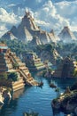 A beautiful painting of a large ancient Mesoamerican city built on a lake. The city is surrounded by lush vegetation and there are