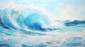 A beautiful painting of a large wave breaking at a beach with a