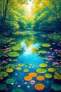 A beautiful painting of a lily pond in a forest created with Generative AI