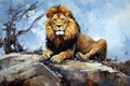 Beautiful painting of a lion is resting in the middle of on the rocks. Wildlife Animals. Illustration, Generative AI