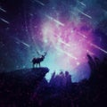 Beautiful painting of a lonely deer on the top of a cliff over starry night sky background. Wonderful scene with falling comets