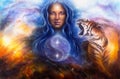 Beautiful painting oil on canvas of a woman guarding a sacred ba Royalty Free Stock Photo