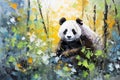 Beautiful painting of a panda resting under the trees in the forest. Wildlife Animals. Illustration, Generative AI