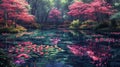 A beautiful painting of a pond with pink flowers and water lilies, AI Royalty Free Stock Photo