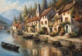 Beautiful painting of a riverside village in Europe