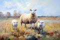 Beautiful painting of sheep standing in the middle of the meadow. Farm animals. Illustration, Generative AI