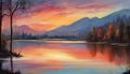 beautiful painting showing sunset on the lake,illustration