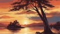 beautiful painting showing sunset on the lake,illustration