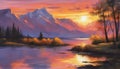 beautiful painting showing sunset on the lake,illustration