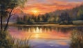 beautiful painting showing sunset on the lake,illustration