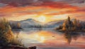 beautiful painting showing sunset on the lake,illustration