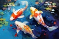 Beautiful painting three colorful koi fish are swimming. Pet, Generative AI, Illustration