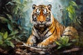 Beautiful painting of a tiger resting in the trees in the forest. Wildlife Animals. Illustration, Generative AI