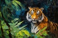 Beautiful painting of a tiger resting in the trees in the forest. Wildlife Animals. Illustration, Generative AI