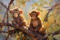 Beautiful painting of two little monkeys resting under the trees in the forest. Wildlife Animals. Illustration, Generative AI Royalty Free Stock Photo
