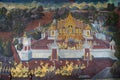 The beautiful painting on the wall of the Thai way of life in ancient times in color paintings on the wall in Wat Phra Kaew Royalty Free Stock Photo