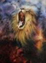 Beautiful painting of a wild roaring lion emerging from a mystical background