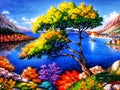Beautiful paintings of mountains, forests, blue river and skies. Royalty Free Stock Photo