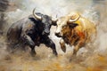 Beautiful paintings two bulls are fighting fiercely. Wildlife Animals, Generative AI, Illustration Royalty Free Stock Photo