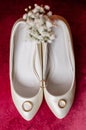 Beautiful pair of bride`s shoes with wedding rings, glare from the surface Royalty Free Stock Photo
