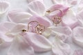 Beautiful pair of earrings on the delicate pink petals, white surface