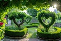 A beautiful pair of heart-shaped bushes flourishing in a well-kept garden, A garden with trees and flowers shaped as hearts, AI