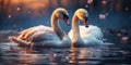 A beautiful pair of swans with their necks form a heart. Beautiful magical background.Mating games of a pair of white swans. Swans