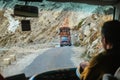 Pakistani decorated truck on mountain road in the Karakoram highway, Pakistan.