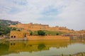 Beautiful palace reflecting in Maota Lake in Amber Fort in Jaipur, Rajasthan, India, fish eye effect