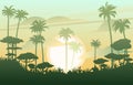 Beautiful palm trees silhouette. Tropical forest. Dense jungle with big trees. Thickets of plants. Cartoon fun style Royalty Free Stock Photo