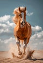 Beautiful palomino horse runs gallop on sand in the dust on sky background Royalty Free Stock Photo