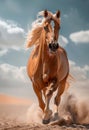 Beautiful palomino horse runs gallop on the sand in summer Royalty Free Stock Photo