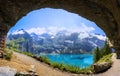 Beautiful panorama view from a curvy rock over the Oeschinensee Lake,
