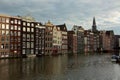 Beautiful panarama view of old Amsterdam buildings near the rive
